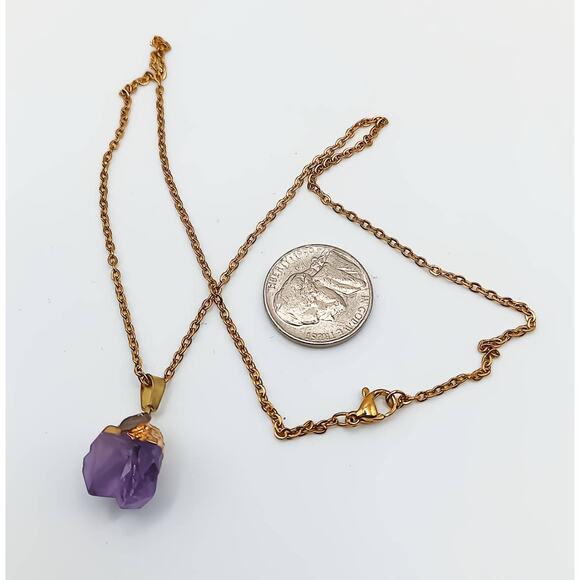 Raw Amethyst Pendant Necklace Brass Chain 16" with Lobster Clasp New - Picture 4 of 4